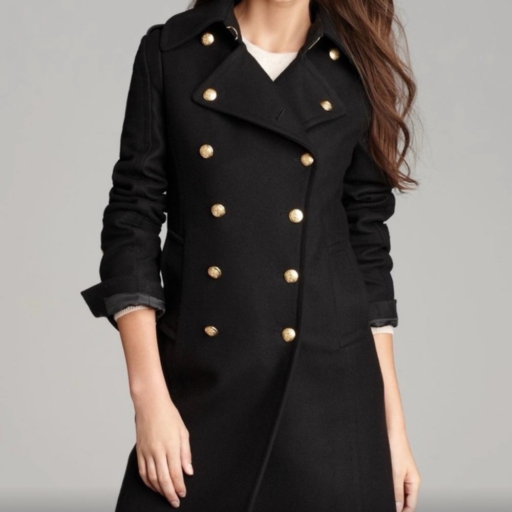 SAM. Black Double-Breasted leather accents Trench Coat with Gold Buttons